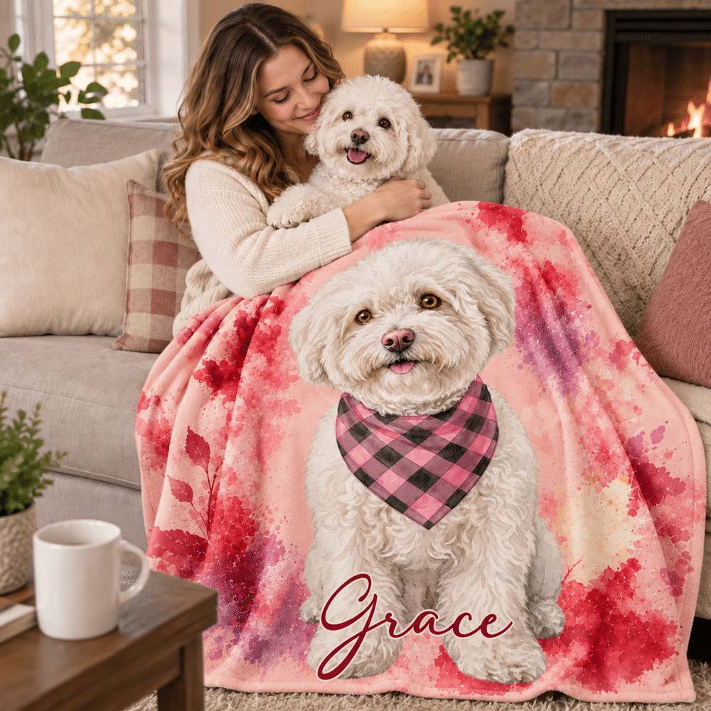 Gepersonaliseerde, zachte plaid met warm aquarelportret van een huisdier en naam – woondecoratie en verjaardagscadeau voor hondenliefhebbers en huisdiereigenaren 4