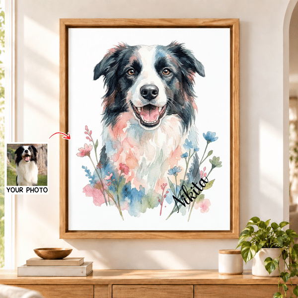 Toile personnalisée avec photo d'animal et nom - Effet aquarelle et motif floral - Cadeau d'anniversaire et pendaison pour propriétaires d'animaux