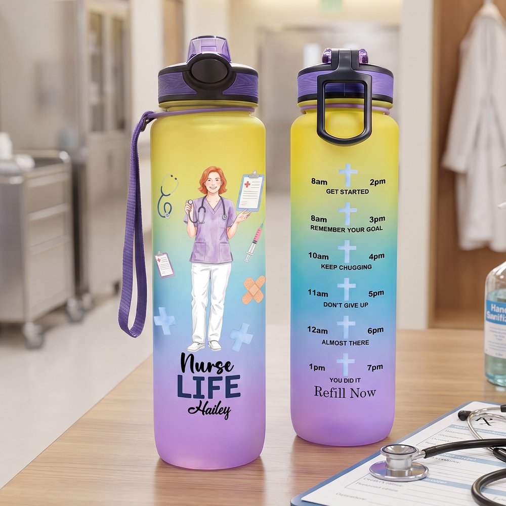 Personalized Nurse Life Photo Gradient BPA-Free 32 oz Water Bottle with Flip-Top Lid and Time Markers Birthday Appreciation Gift for Nurse 3