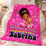 Personalized Cute Black Girl Princess Crown Soft Throw Blanket with Name Bedroom Decor Birthday Gift for Black Girls