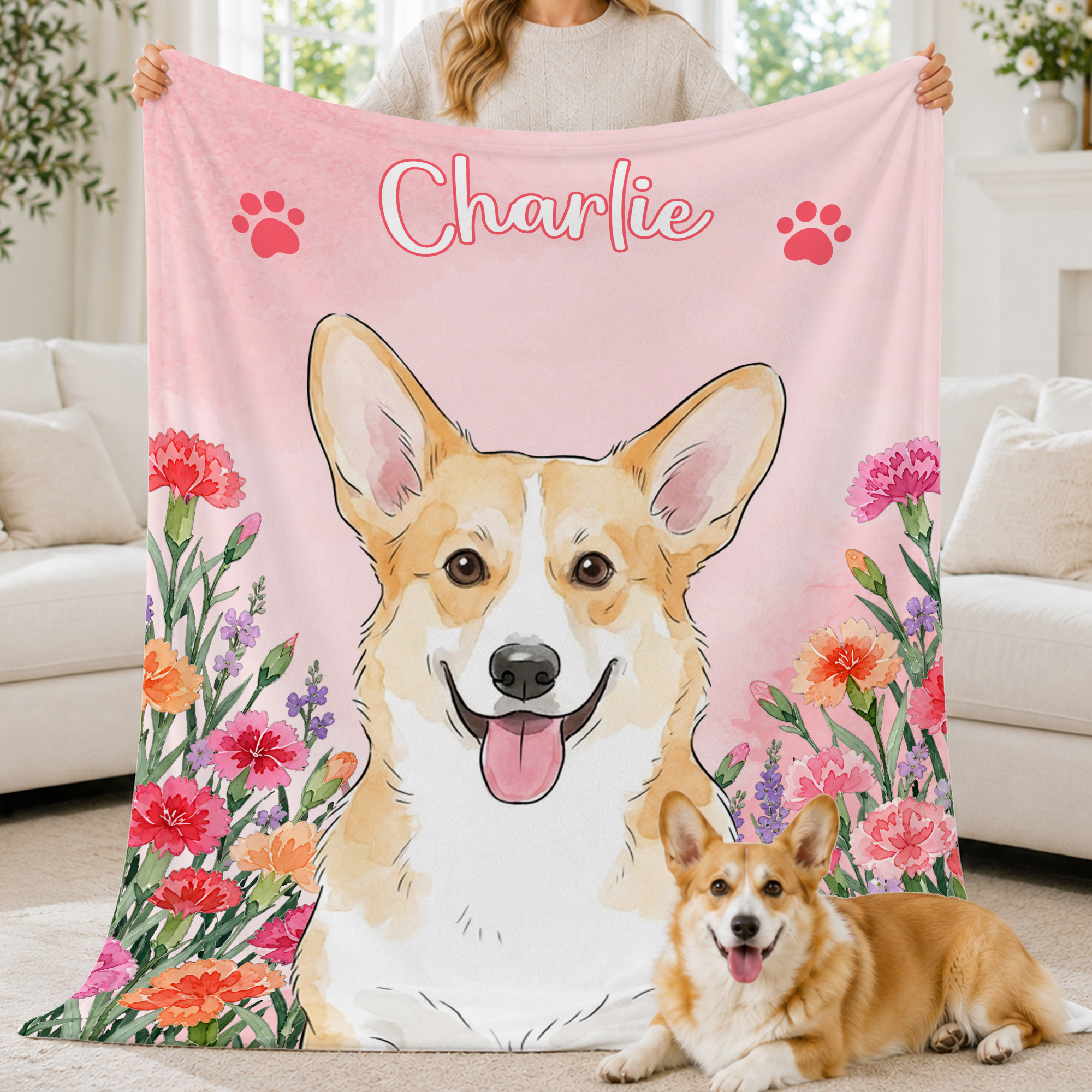 Personalised Watercolor Birth Flower Pet Photo Soft Throw Blanket with Name Home Decor Birthday Anniversary Gift for Pet Owners