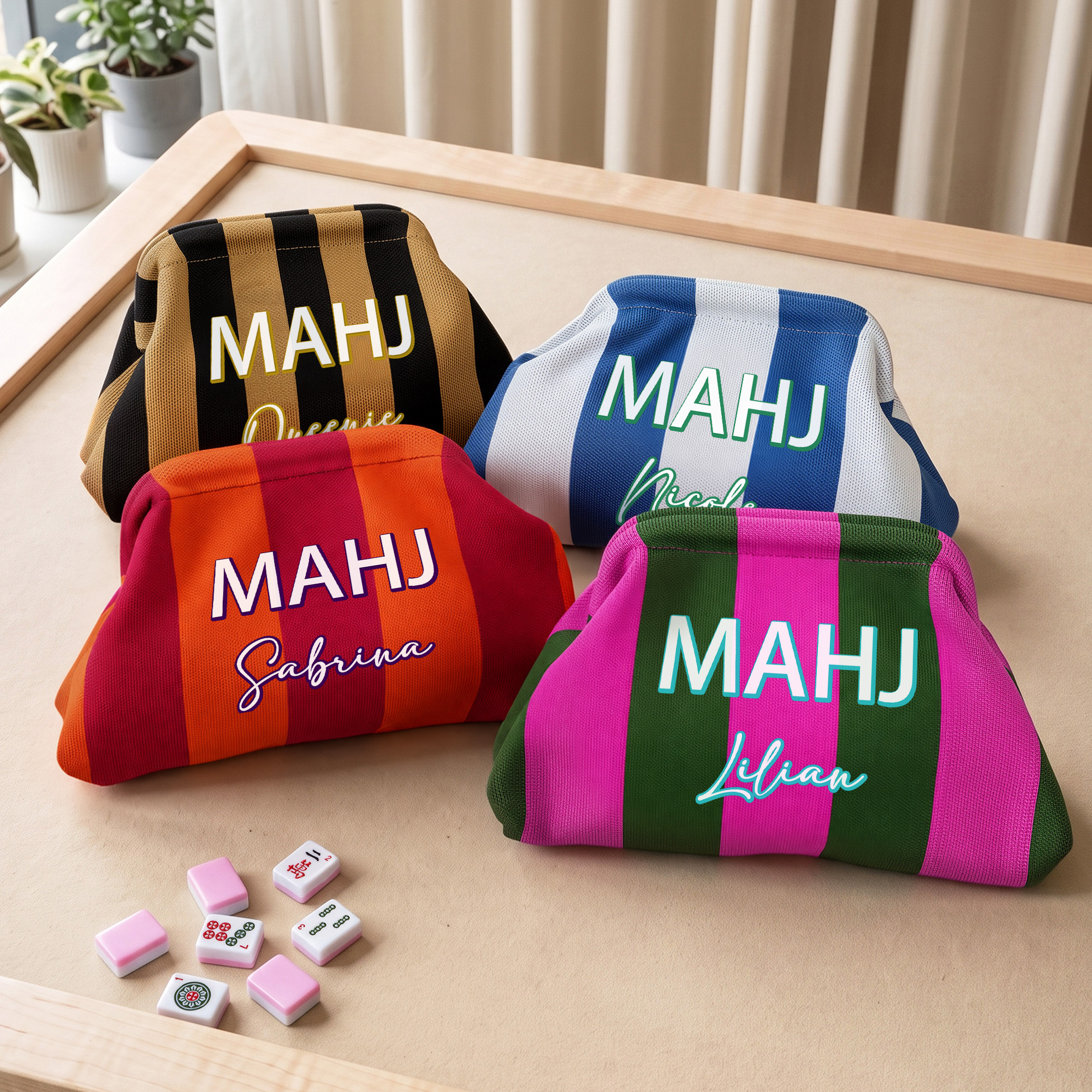 Individuell gestaltete, mehrfarbig gestreifte MAHJ-Mahjong-Aufbewahrungstasche mit Namen und Kiss-Lock-Verschluss – das perfekte Geschenk für Spieleabende und Geburtstage für Mahjong-Spieler und -Fans