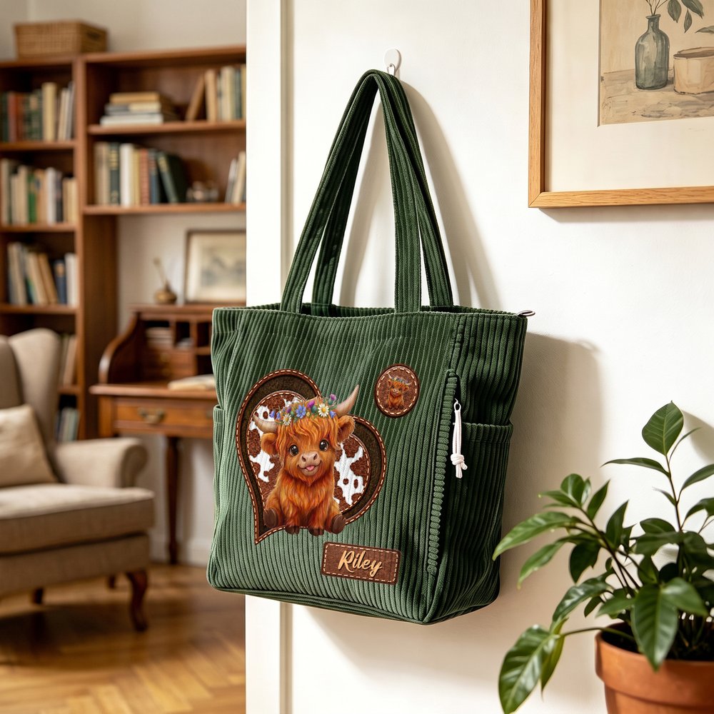 Personalized Highland Cow Large Capacity Corduroy Tote Bag with Name Daily Use Birthday Chirstmas Gift for Women 3
