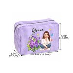 Personalised 3D‑Style Character Artwork Photo Birth Flower Striped Makeup Bag with Name Daily Travel Essential Birthday Gift for Women Friends
