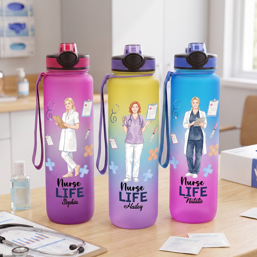 Personalized Nurse Life Photo Gradient BPA-Free 32 oz Water Bottle with Flip-Top Lid and Time Markers Birthday Appreciation Gift for Nurse 2