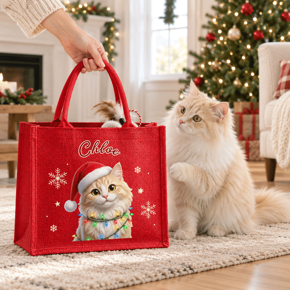 Bolso de lino rojo de gran capacidad con diseño personalizado con efecto 3D y foto de una mascota adorable, con nombre. Regalo para fiestas navideñas para niños y amantes de las mascotas. 3