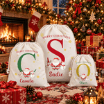 Personalized Cute Cartoon Santa Claus Reusable Canvas Drawstring Gift Bag with Name Merry Christmas Gift for Kids Family