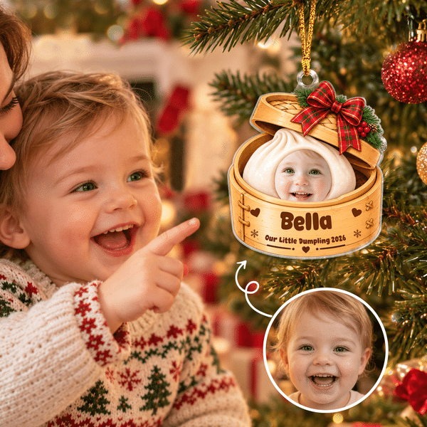 Decorazione natalizia personalizzata in acrilico a forma di gnocchetto al vapore con foto del bambino, nome e anno: decorazione per l'albero di Natale e regalo di Natale per neonati e genitori