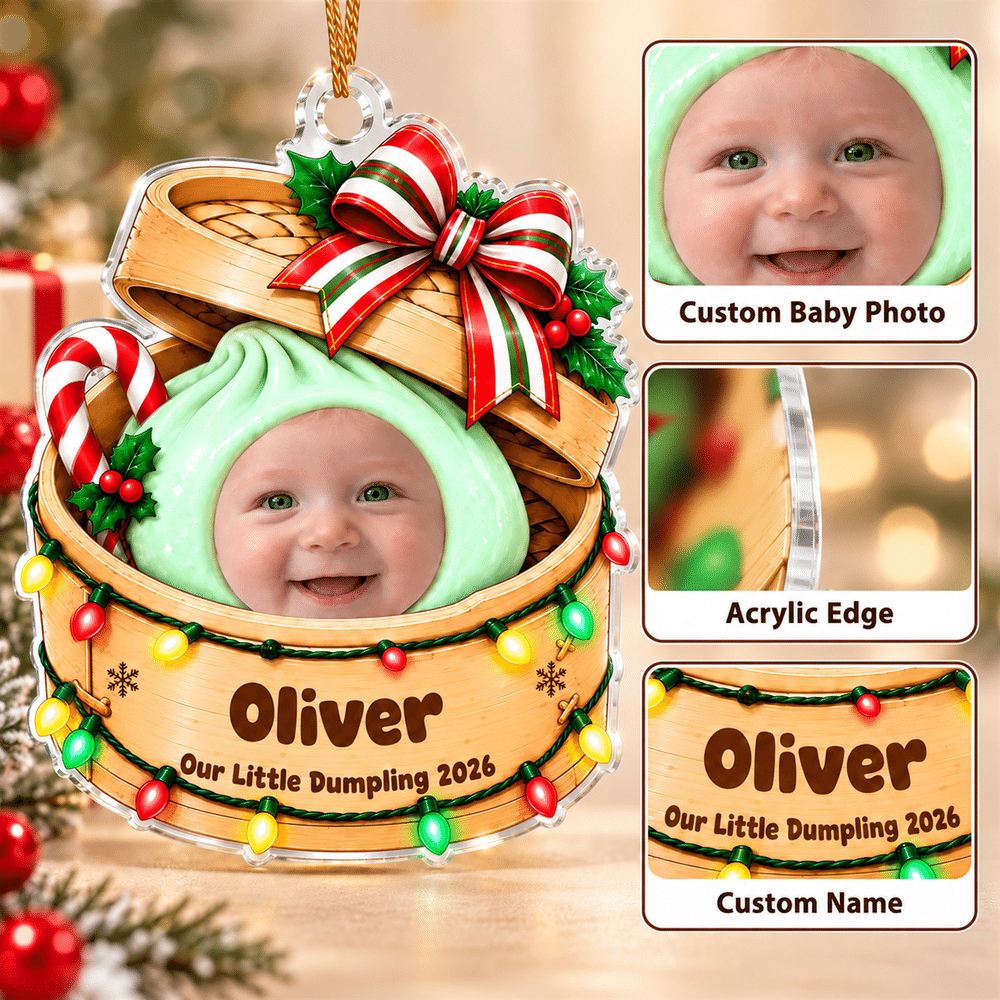 Decorazione natalizia personalizzata in acrilico a forma di gnocchetto al vapore con foto del bambino, nome e anno: decorazione per l'albero di Natale e regalo di Natale per neonati e genitori 8