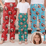 Personalized Candy Cane Santa Hat Cartoon Face Photo Soft Pajama Pants with Elastic Waistband Christmas Gift for Kids Family Friends
