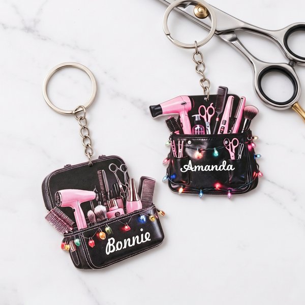 Personalised 3D-Effect Art Hairstylist Keyring with Name Hair Tools Salon Bag Appreciation Birthday Gift for Hairdressers