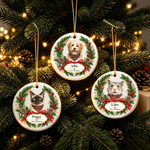 Personalised Watercolor Pet Portrait Christmas Wreath Ceramic Ornament with Name and Photo Home Decor Gift for Pet Lovers Family