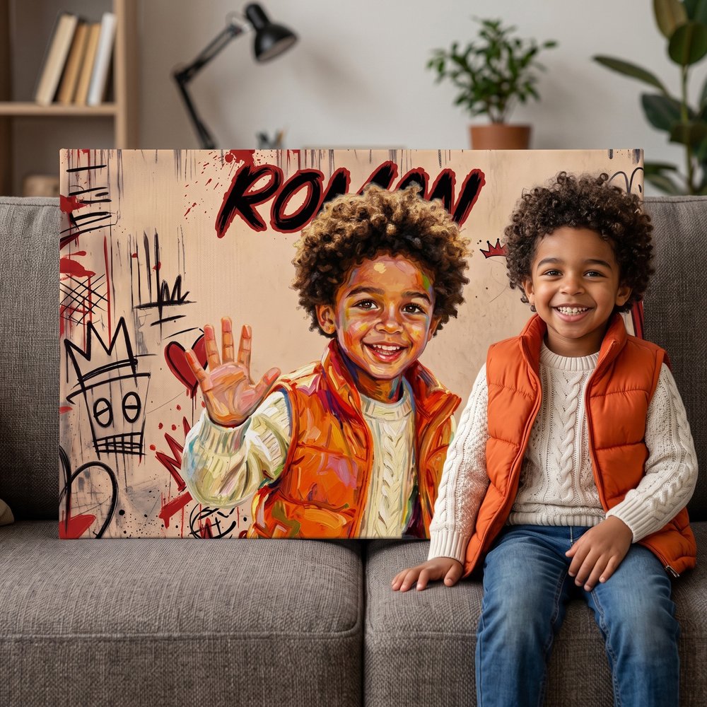 Gepersonaliseerde, trendy fotodoeken in olieverfstijl met graffiti-motief, voorzien van naam en jaartal – woondecoratie en verjaardagscadeau voor graffitiliefhebbers 5