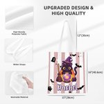 Personalized Halloween Cartoon Wizard Cat Ghost Spider Web Striped Canvas Tote Bag with Name Halloween Party for Kids