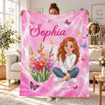 Personalized Birth Flower Butterfly 3D-Effect Artwork Cartoon Woman Character Photo Soft Throw Blanket with Name Christmas Gift for Book Lover