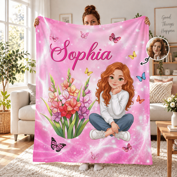 Personalized Birth Flower Butterfly 3D-Effect Artwork Cartoon Woman Character Photo Soft Throw Blanket with Name Christmas Gift for Book Lover