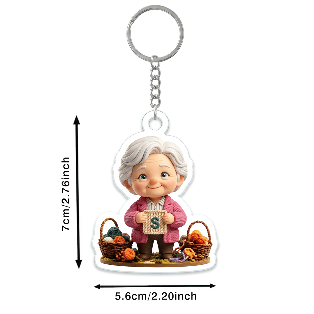 Llavero acrílico personalizado con una exquisita ilustración en 3D de una abuela tejiendo, con foto e iniciales; regalo de cumpleaños para la abuela y personas mayores 6