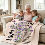 Personalised Birth Flower Cross Bible Verse Cosy Throw Blanket with Name Home Decor Christmas Birthday Gift for Family Christian