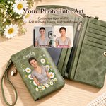 Personalized Birth Flower Aesthetic Photo PU Leather Tri-Fold Wallet with Wrist Strap and Name Daily Use Birthday Gift for Besties Friends Family