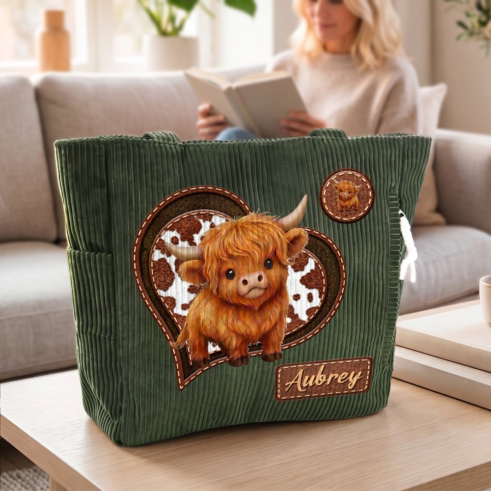 Personalized Highland Cow Large Capacity Corduroy Tote Bag with Name Daily Use Birthday Chirstmas Gift for Women 5