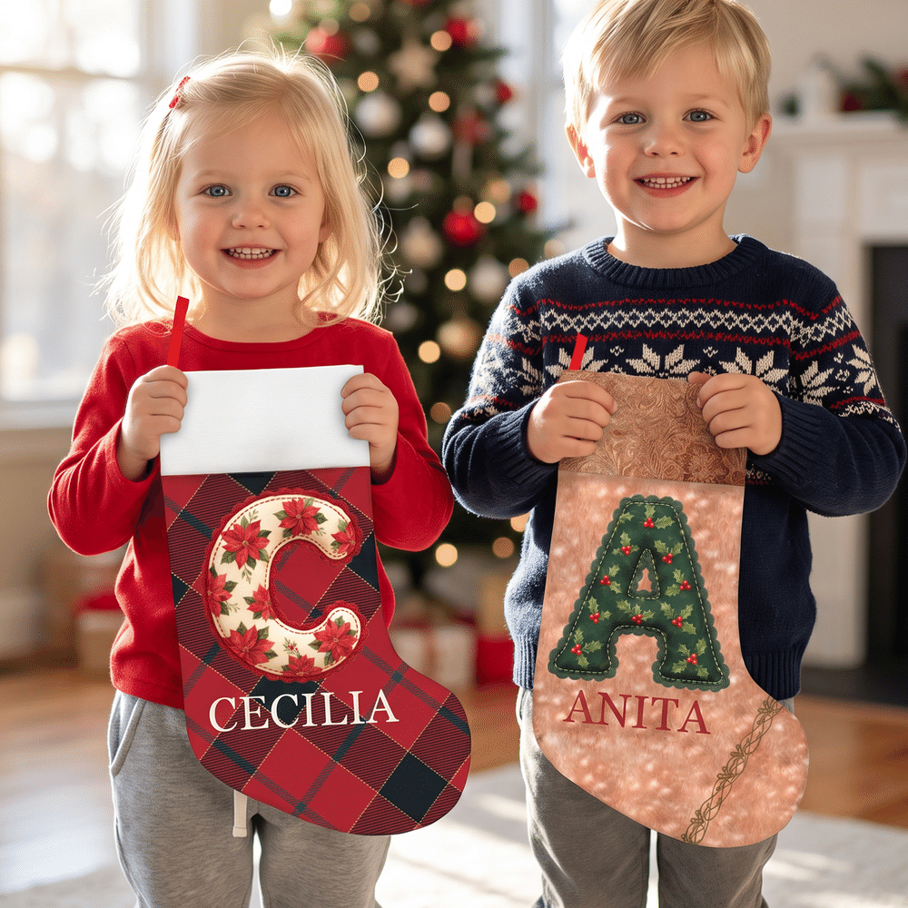 Calza natalizia personalizzata con iniziali multicolori a tema natalizio e nome – Decorazione per la casa – Regalo di Natale per bambini e famiglia 5