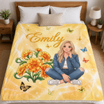 Personalized Birth Flower Butterfly 3D-Effect Artwork Cartoon Woman Character Photo Soft Throw Blanket with Name Christmas Gift for Book Lover