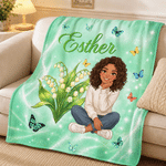 Personalized Birth Flower Butterfly 3D-Effect Artwork Cartoon Woman Character Photo Soft Throw Blanket with Name Christmas Gift for Book Lover