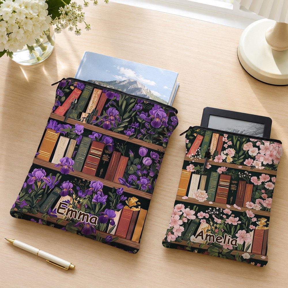 Personalised Vintage Birth Flower Floral Bookshelf Design Zipper Book Sleeve with Name Birthday Club Gift for Readers Bookworms 2