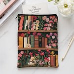 Personalised Vintage Birth Flower Floral Bookshelf Design Zipper Book Sleeve with Name Birthday Club Gift for Readers Bookworms 1