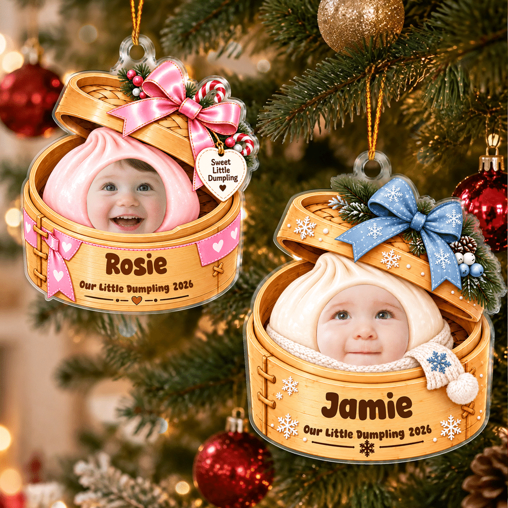 Decorazione natalizia personalizzata in acrilico a forma di gnocchetto al vapore con foto del bambino, nome e anno: decorazione per l'albero di Natale e regalo di Natale per neonati e genitori 3
