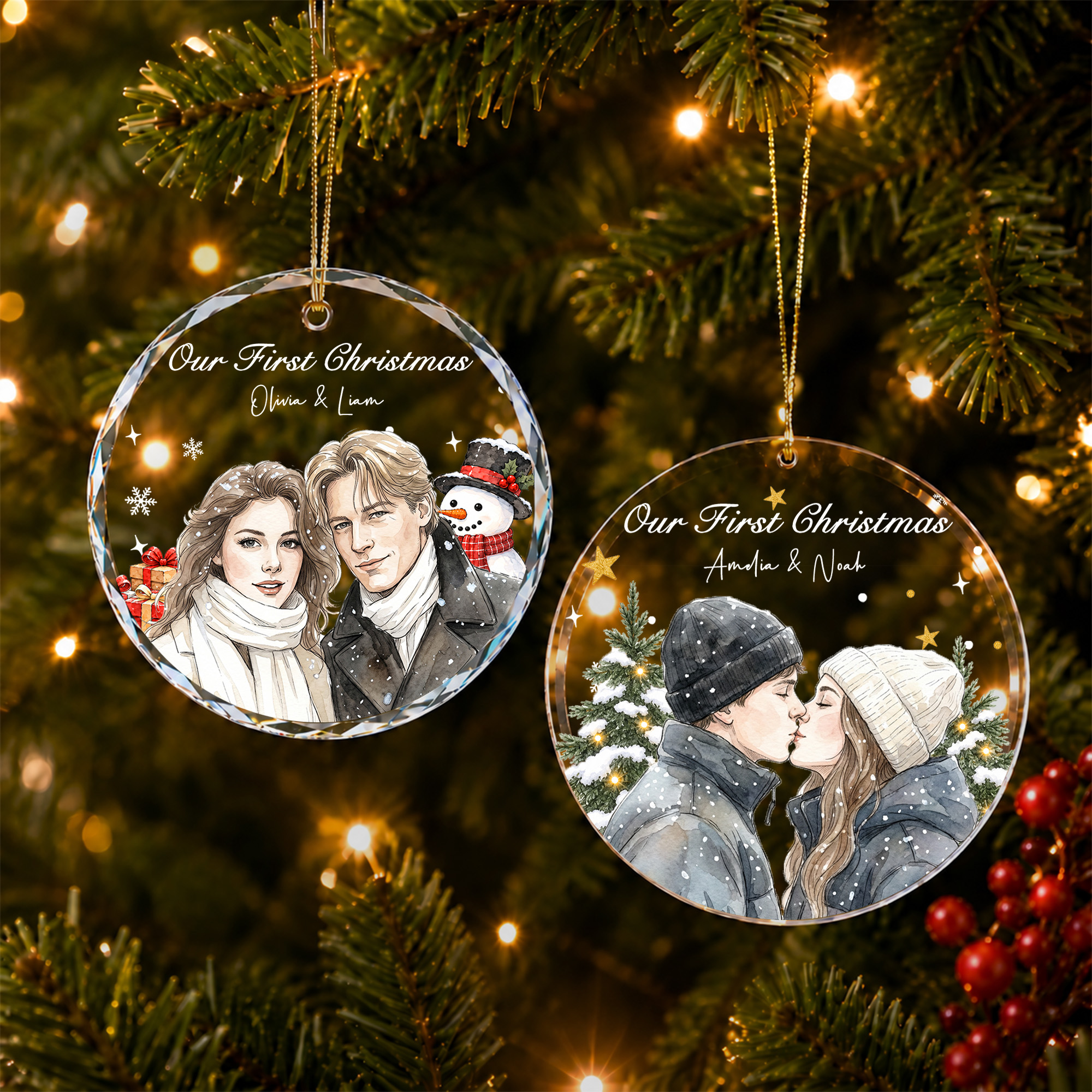 Personalised Watercolor Photo Our First Christmas Acrylic Glass Ornament with Name and Text Tree Decor Christmas Gift for Couple Wife Husband