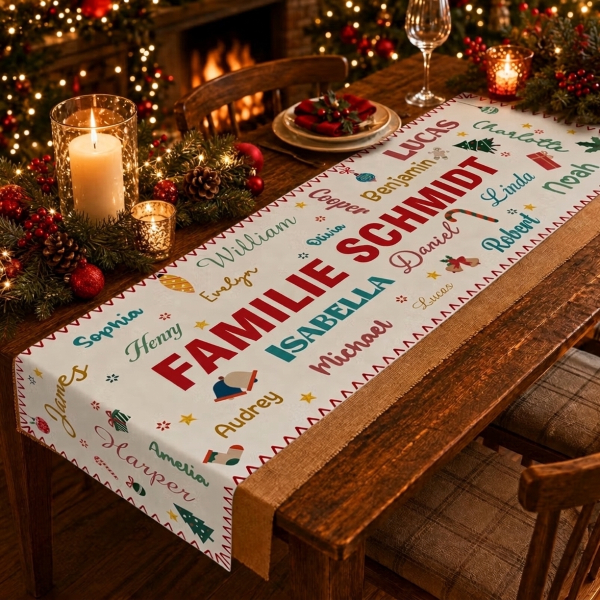 Personalisierter Wortwolke Tischläufer | mit Namen und Text | Festliche Tischdeko | Weihnachtsgeschenk für Familie & Freunde