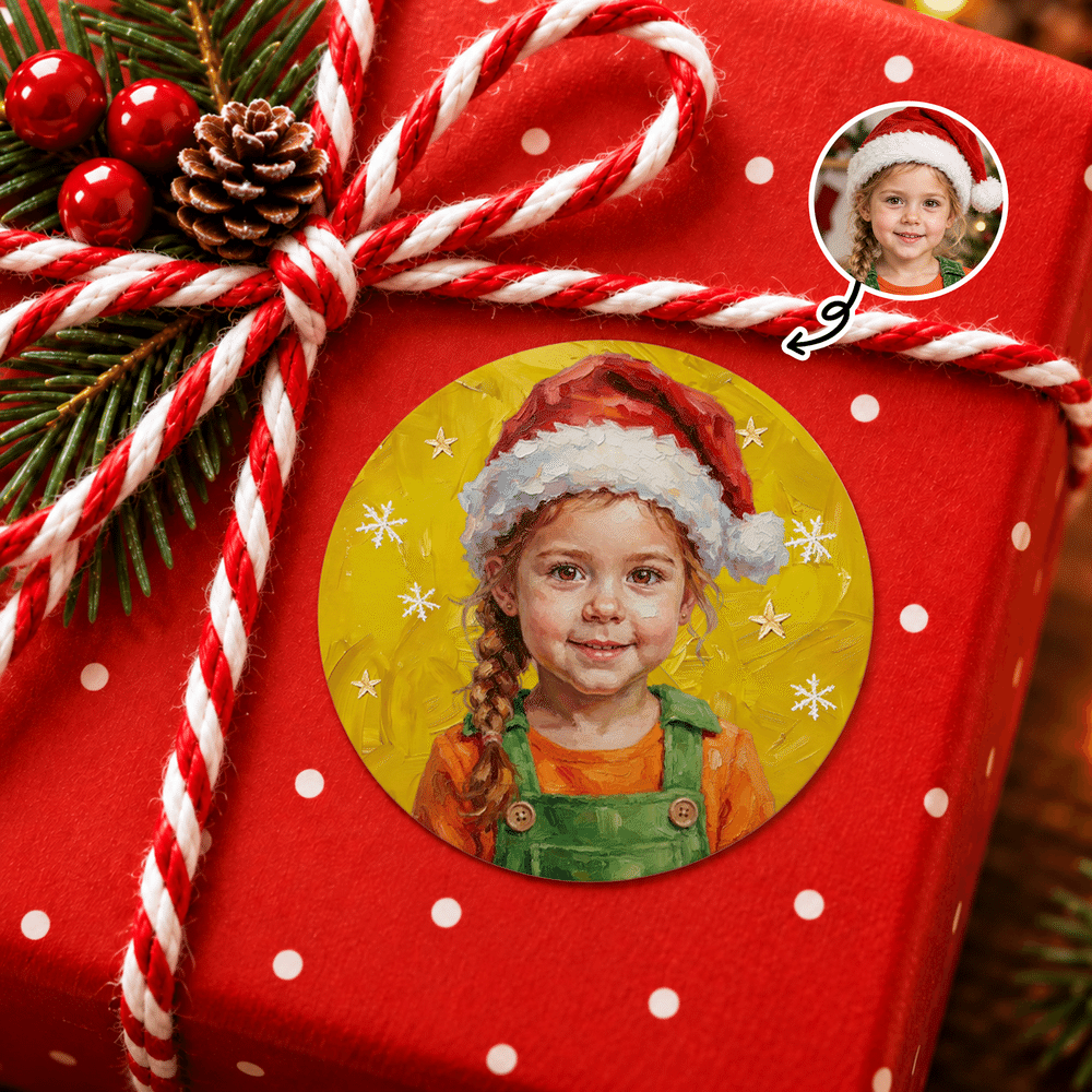 Pegatina impermeable personalizada con foto de un personaje infantil, pintura al óleo con temática navideña y nombre; regalo navideño para niños y niñas 1