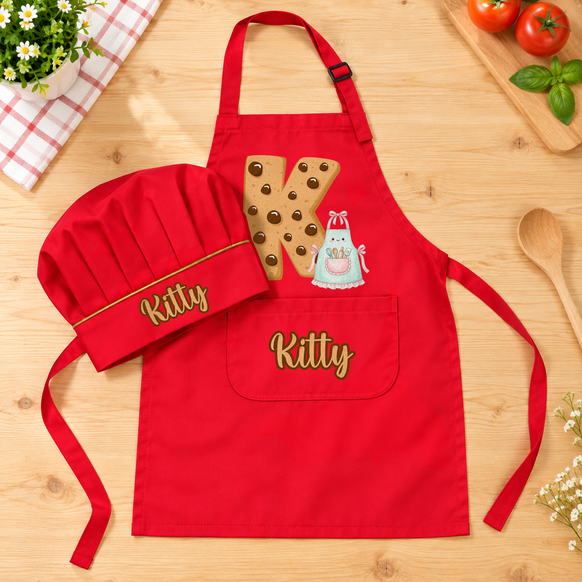 Personalisiertes Set aus Backschürze für Kinder mit Initialen und Kochmütze – mit Namen und Tasche – Küchenaccessoire für den täglichen Gebrauch – Geburtstagsgeschenk für Kinder