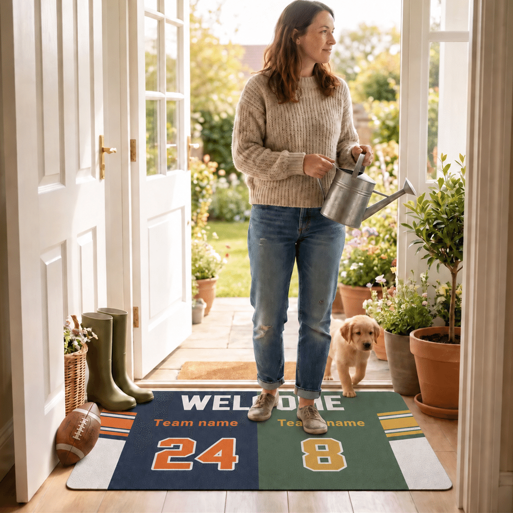 Alfombrilla antideslizante personalizada con diseño de camiseta de fútbol «House Divided», con nombre y número. Regalo para el día a día, para la inauguración de una casa o para un cumpleaños, ideal para aficionados al fútbol. 5