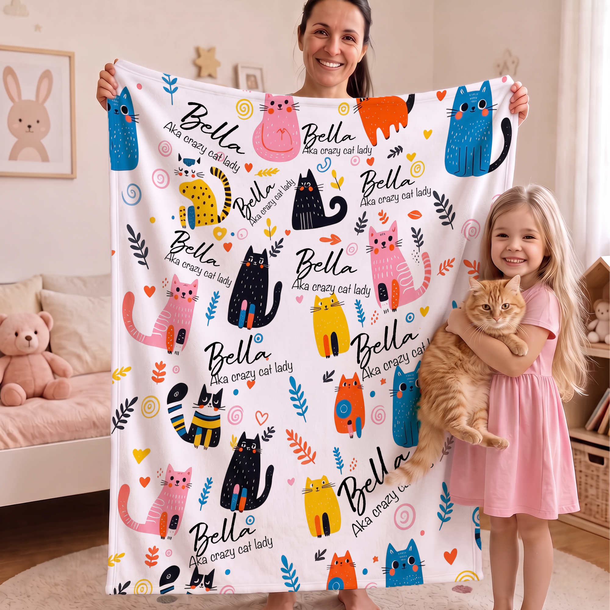 Personalized Multicolor Cute Cartoon Cat Dog Pattern Soft Throw Blanket with Name Home Decor Christmas Party Birthday Gift for Pet Lovers Owners