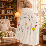 Personalised 1-16 Flowers Butterfly Soft Hooded Blanket with Names and Title Birthday Christmas Gift for Mum Gran Woman