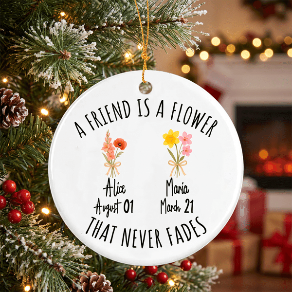 Personalized 2-6 Birth Flowers Round Ceramic Ornament with Names Tree Decor Christmas Gift for Women Friends