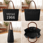 Personalised Vintage Year Large Capacity Canvas Tote Bag with PU Leather Handle Daily Use Anniversary Birthday Gift for Woman Mum Gran
