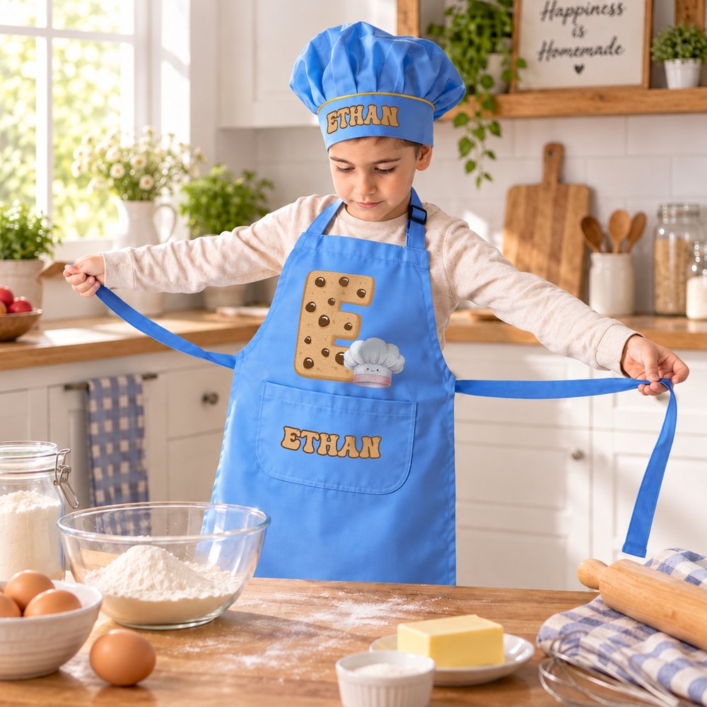 Personalised Biscuit Initial Kid Baking Apron Chef Hat Set with Name and Pocket Kitchen Accessory Daily Use Birthday Gift for Children 2