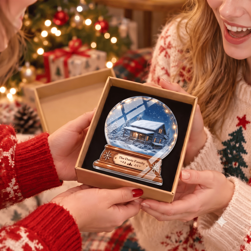 Gepersonaliseerde acrylplaat met 3D-effect: foto van een kristallen bol met huis, voorzien van familienaam – housewarming- en kerstcadeau voor vrienden die naar een nieuw huis zijn verhuisd 5