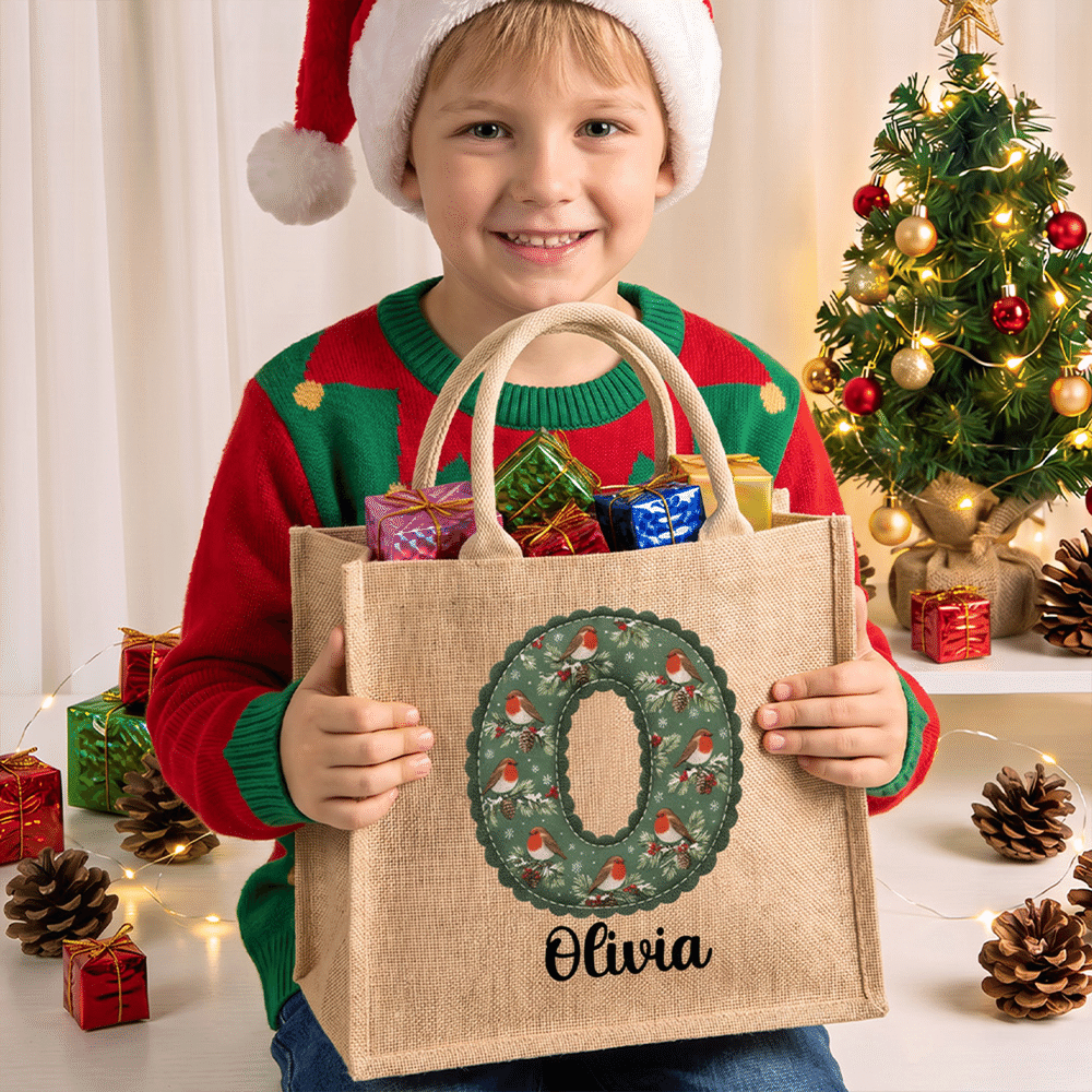 Personalised Christmas Style Initial Large Capacity Jute Tote Bag with Name Christmas Gift for Kids Family 2