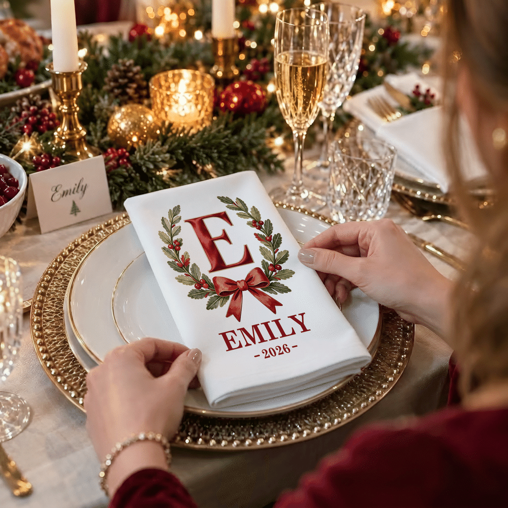 Personalised Retro Initial Holly Bow 100% Cotton Napkin with Name and Year Table Decor Christmas Gift for Family Parents 4