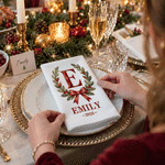 Personalised Retro Initial Holly Bow 100% Cotton Napkin with Name and Year Table Decor Christmas Gift for Family Parents 4