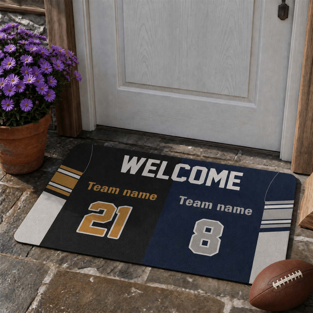 Alfombrilla antideslizante personalizada con diseño de camiseta de fútbol «House Divided», con nombre y número. Regalo para el día a día, para la inauguración de una casa o para un cumpleaños, ideal para aficionados al fútbol. 4