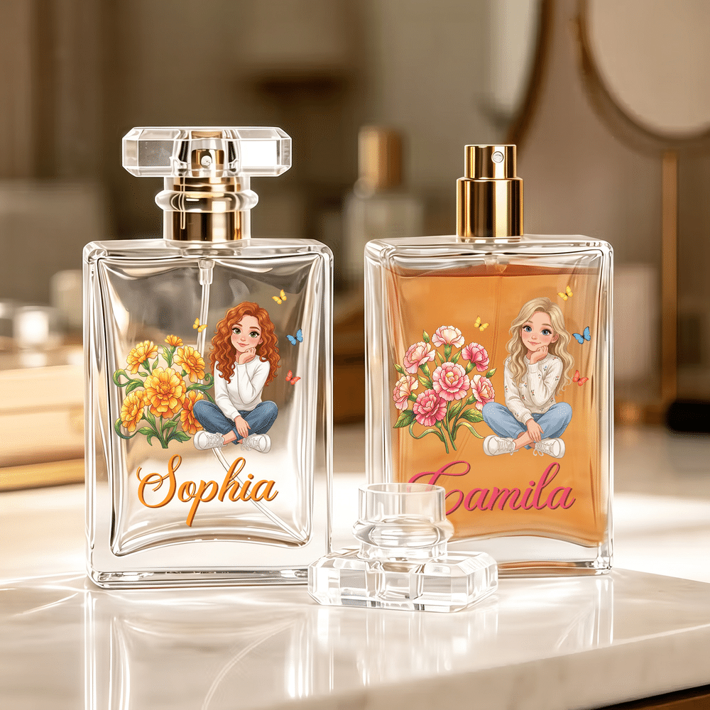 Personalised Birth Flower Cartoon Character Photo 2 oz Perfume Bottle with Name and Ribbon Birthday Wedding Gift for Woman Bride Friend 6