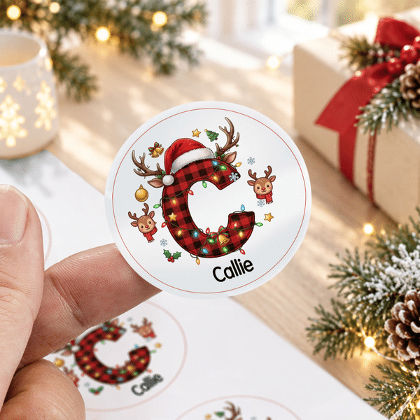 Personalised Elk Plaid Pattern Christmas Initial Waterproof Stickers Labels with Name Gift Decor Christmas Gift for Kids