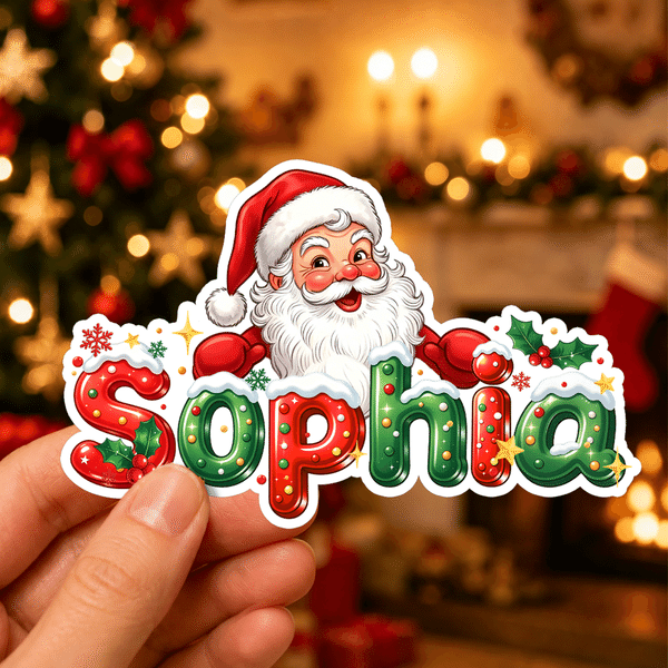 Personalized Cute Candy Santa Claus Snowflake Present Stickers with Name Holiday Decor Christmas Gift for Family Friends Kids