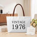 Personalised Vintage Year Large Capacity Canvas Tote Bag with PU Leather Handle Daily Use Anniversary Birthday Gift for Woman Mum Gran