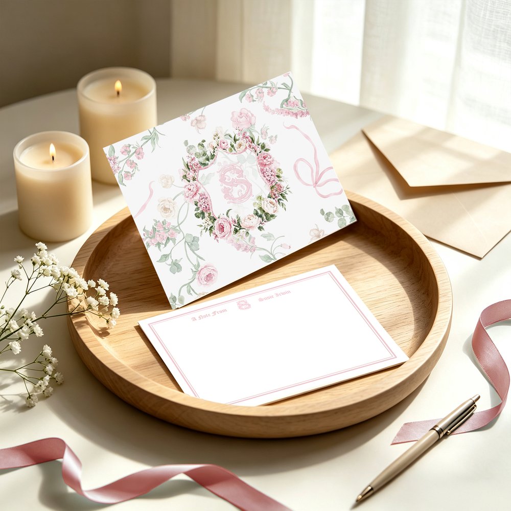 Juego de 20 tarjetas personalizadas con iniciales y motivos florales en acuarela de estilo vintage, con sobre incluido. Regalo de cumpleaños o boda para mujeres 2